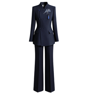 高级新中式国风刺绣西装套装春秋气质修身售楼部工作服茶艺师工装