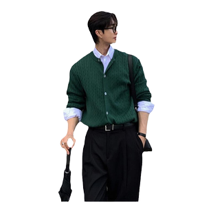 碧舍春秋韩系针织衫男士开衫长袖小众时尚质感百搭毛衣宽松麻花纹