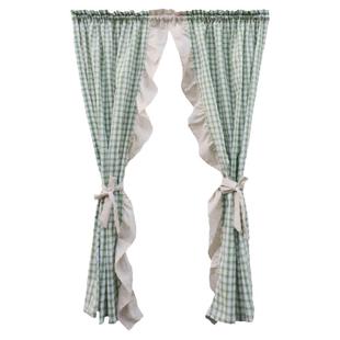 乡村复古绿格子麻布祖母风格子窗帘门帘半帘穿杆挂钩魔术贴定