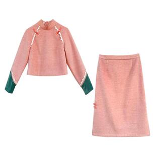 小香风千鸟格套装裙女毛呢春秋装中国风小个子显高洋气套裙两件套