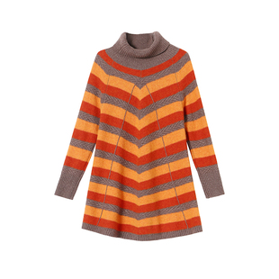 日神高领纯羊绒衫女2025秋冬新款撞色条纹时尚拼接加厚毛衣中长款