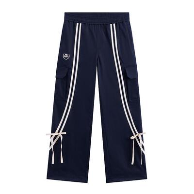 Kappa卡帕女裤2026春季新款时尚条纹蝴蝶结宽松工装长裤K0G22AX01