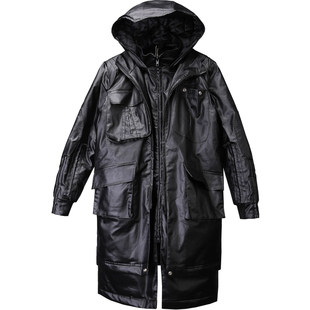 暗黑复古潮流连帽假两件棉衣外套蜡染拼接口袋中长款机能风衣棉服