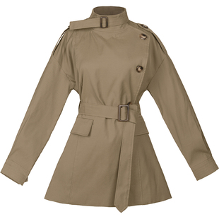 短款风衣女秋季加绒新款英伦立领收腰休闲气质中长款棉服工装外套