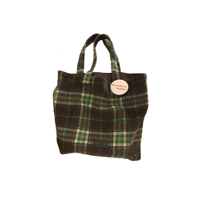 复古撞色格子毛呢单肩包