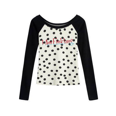 美式波点字母印花插肩袖T恤女