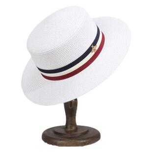 法式平沿草帽女季英伦平顶礼帽白色休闲防晒遮阳帽出游度假太阳帽