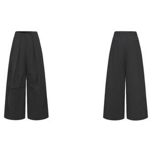 13311原创设计酵洗褶皱通勤低腰百搭宽松阔腿休闲黑色廓形弯刀裤