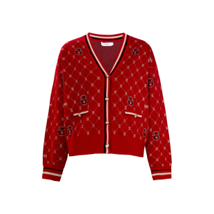 HONRN/红人红色羊毛衣混纺v领针织衫开衫外套上衣女春秋HJ11OM862