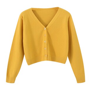 早秋春装小个子短款高腰长袖女上衣毛衣小外套v领针织衫开衫外搭