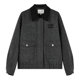 秋水伊人字母刺绣短款外套女2025年冬季新款通勤经典百搭翻领上衣