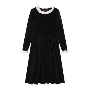 弥古黑色丝绒连衣裙女长袖赫本风秋冬打底裙2025新款内搭花边长裙