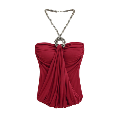 自带胸垫重工水钻链挂脖抹胸背心