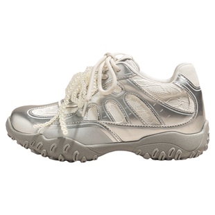 银色厚底板鞋女2026春季新款女鞋通勤运动鞋珍珠增高休闲百搭鞋子