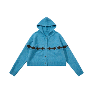 sameuoo散养文化「斑蓝」费尔岛连帽毛衣开衫 羊毛混纺针织衫外套