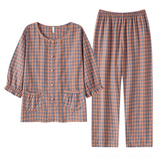 夏季格子七分袖睡衣套装女云朵棉大码九分裤大码家居服春秋天开衫