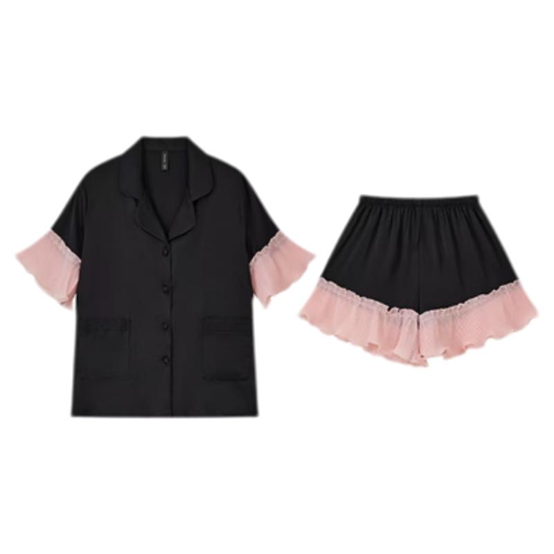 夏季真丝短袖长裤少女睡衣套装