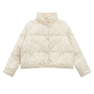 韩系小碎花羽绒服女短款立领面包服小个子白鸭绒甜美时尚加厚外套