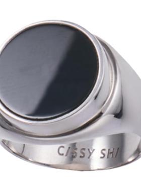 CISSY SHI黑色玛瑙尾戒 银色s925银镀白金镶黑玛瑙小众设计戒指