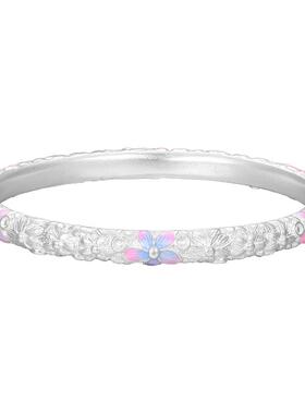 中国黄金珐琅繁花手镯珐琅桃花实心银手镯足银手镯送女友女神节