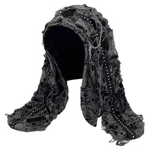 暗黑废土风朋克链条长耳朵套头帽子女破碎感乞丐破洞街头护耳帽潮