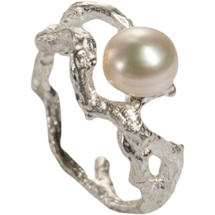 如此银作原创设计99足银镶嵌天然淡水珍珠戒指女小众设计花卉指环