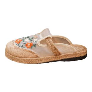 老北京布鞋女夏款网纱布拖鞋亚麻防滑圆头外穿绣花汉服鞋轻便透气