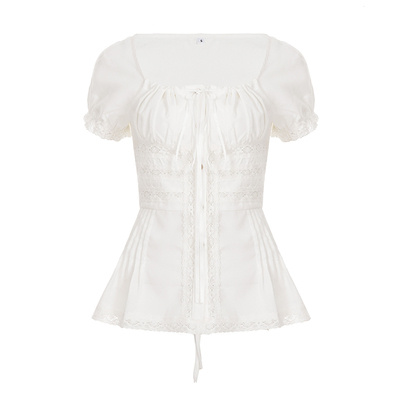 WEEKEEP 纯欲少女蕾丝拼接风琴褶方领排扣泡泡袖衬衫修身收腰上衣