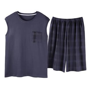 卡之恋男士背心睡衣夏天薄款纯棉蓝色坎肩短裤套装加肥加大家居服