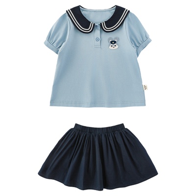 幼悠 女童套装夏季新款撞色海军领泡泡袖T恤清凉透气抗菌A字裙裤