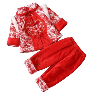 小女童薄棉唐装0-1-2岁周岁宝宝抓周过年衣服婴幼儿汉服冬厚套装