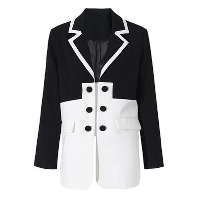 黑白撞色拼接西装外套中长款西服