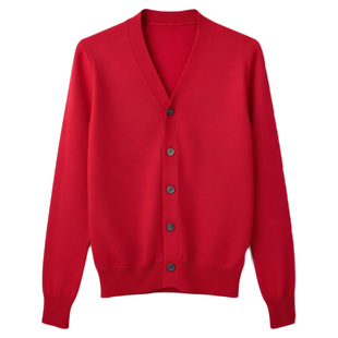 新年bi备!中国红!高端羊毛羊绒针织开衫女V领长袖纯色毛衣外套