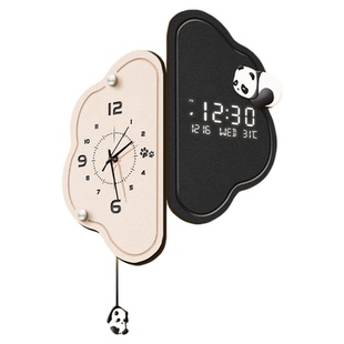 熊猫转角挂钟客厅云朵万年历电子钟表创意家用高级感拐角双面时钟
