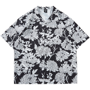 原创大码花衬衫男加肥加大复古黑白短袖中性日系衬衫胖潮7689