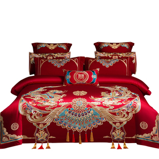 婚庆四件套全棉喜庆结婚龙凤床上用品纯棉婚嫁婚床新婚大红喜被套