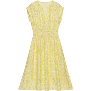 BLUE ERDOS春季浅春系度假风黄色印花桑蚕丝混纺连衣裙