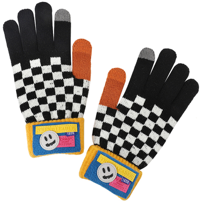 可触屏棋盘格保暖毛线手套男女