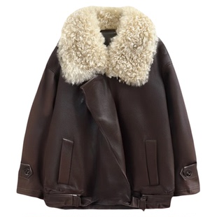 MS25冬季水磨双色羊皮拼羊羔毛领短款机车夹克外套鹅绒服时尚皮衣