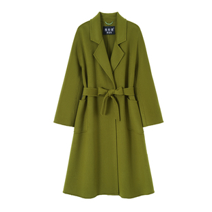 绿色双面羊绒大衣女长款过膝系带修身显瘦2025新款高端羊毛呢外套
