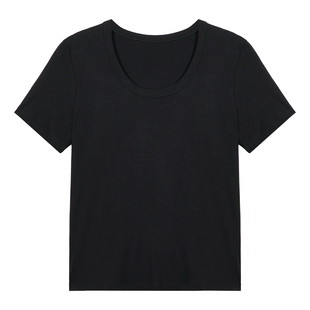 MULVAN 轻氧少女 白色U领正肩短袖t恤女宽松休闲显瘦简约针织上衣