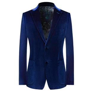 本派天鹅绒西装男新款蓝色丝绒西服新郎结婚西服高级感主持人礼服