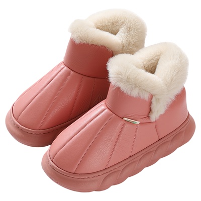 冬季高帮棉拖鞋女包跟防水PU皮室内家居外穿厚底保暖防滑月子棉鞋