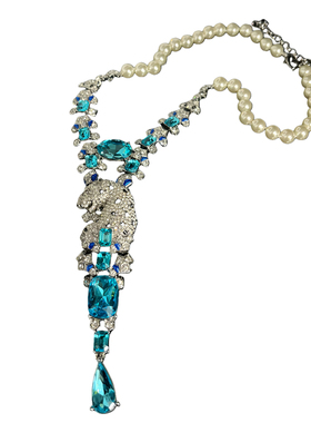 奢华微镶满钻豹子吊坠珍珠项链重工精致可拆卸动物胸针