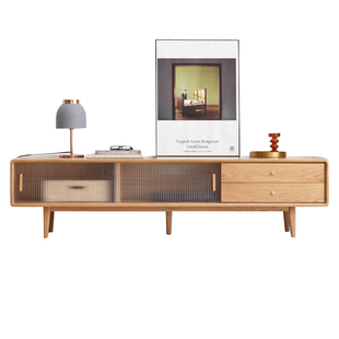 厂家直销全实木玻璃推拉门橡木电视柜现代原木奢华品质卯榫北欧风