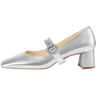 金婧同款7or9银珠糖银色玛丽珍鞋法式粗跟空气棉高跟鞋女真皮单鞋