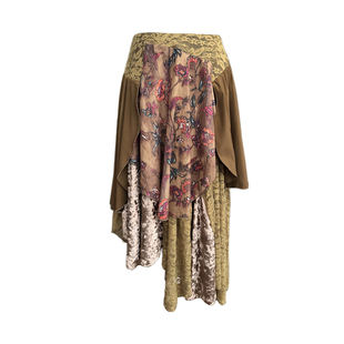 猫之旅店 嬉皮中长裙复古花卉撞色蕾丝拼接丝绒不规则下摆半身裙
