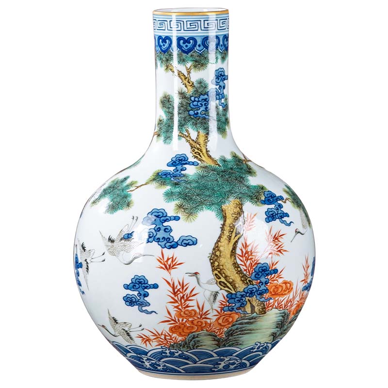景德镇手绘松鹤同春陶瓷花瓶