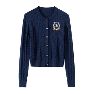 BANANA CICI2025年秋季新款立体精致花卉刺绣学院风麻花针织开衫