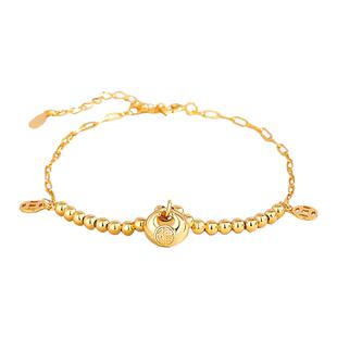 s925纯银金坨坨小胖福手链女钱币百搭古法黄金色转运珠福袋手串